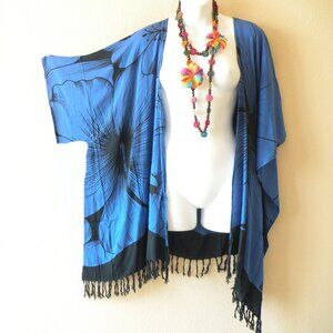 CB398a Blue Black Hibiscus Batik Plus Cardigan Duster Women Jacket Fit up to 5X